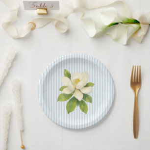 Magnolia Flower Custom Wedding Blue Stripe Paper Plates