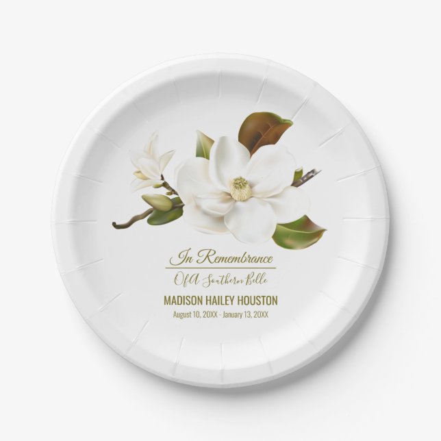 Magnolia Flower Funeral Memorial Paper Plates (Front)