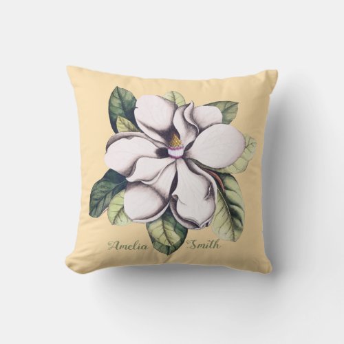 Magnolia Flower Monogram Name Throw Pillow