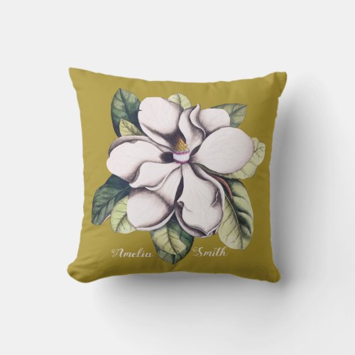 Magnolia Flower Monogram Name Throw Pillow