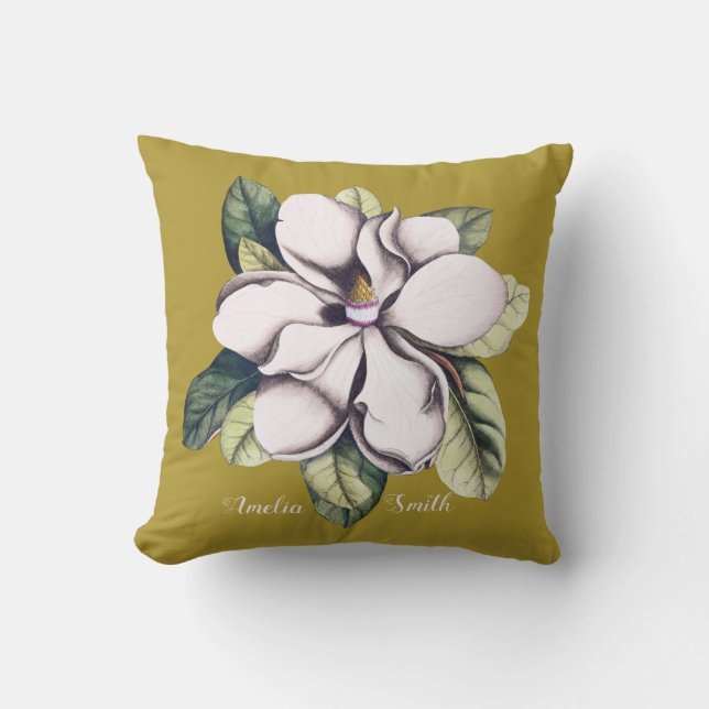 Magnolia Flower Monogram Name Throw Pillow (Front)