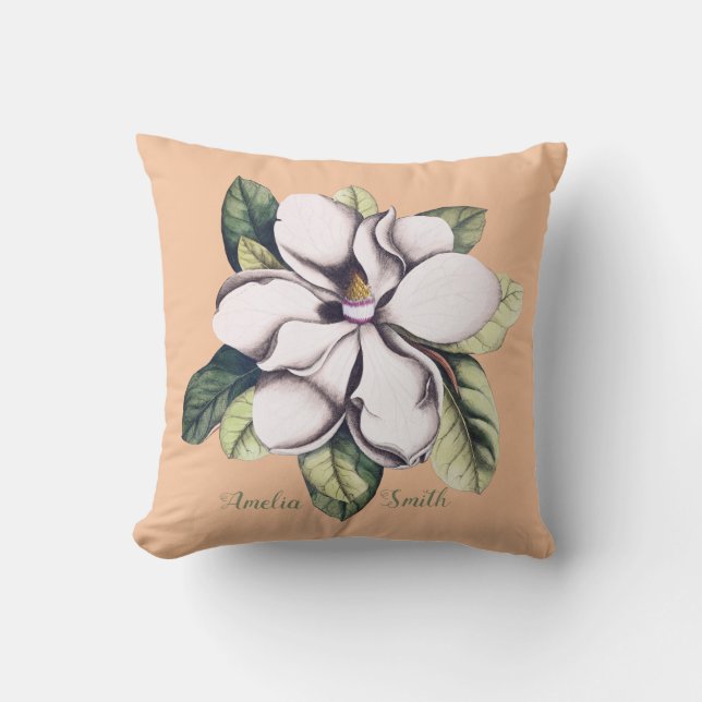 Magnolia Flower Monogram Name Throw Pillow (Front)