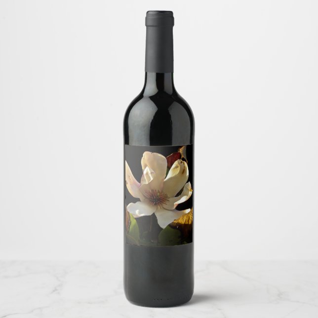  Magnolia flower on black background Wine bottle Label (Front)