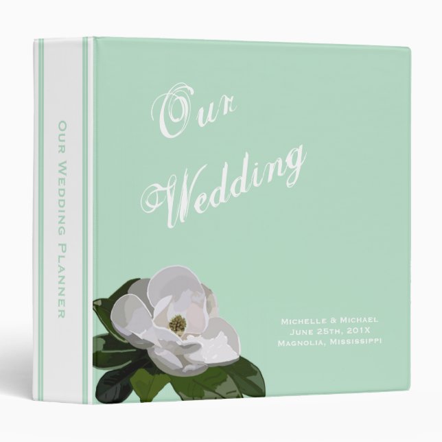 Magnolia Flower On Mint Wedding Planner Binder (Front/Spine)