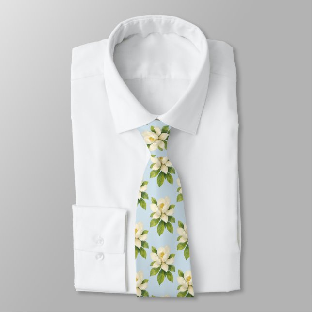 Magnolia Flower Painting Coastal Beach Pattern Neck Tie (Tied)