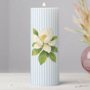 Magnolia Flower Painting Nautical Stripe  Pillar Candle