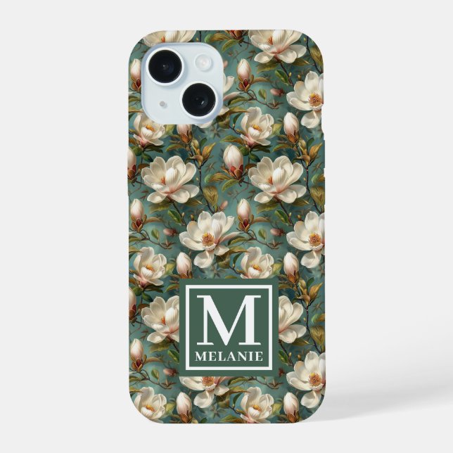 Magnolia Flower Pattern Name and Monogram Iphone Case (Back)