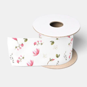 Magnolia flower ribbon, pink Magnolias on ribbon