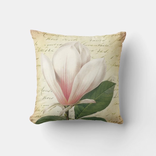 Magnolia Flower Vintage Botanical Throw Pillow (Front)