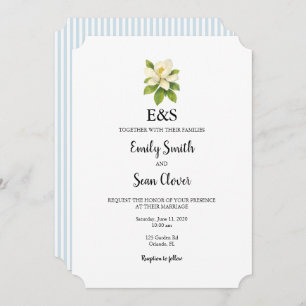 Magnolia Flower Wedding Monogram Blue Stripe Invitation