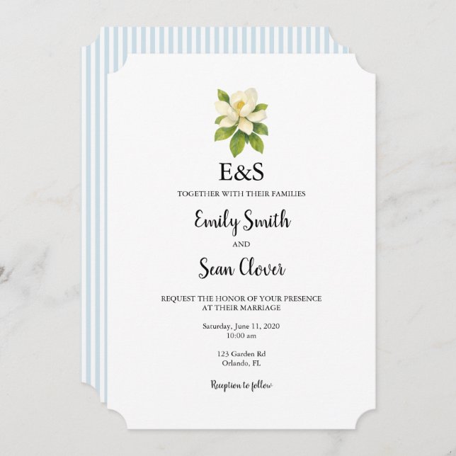 Magnolia Flower Wedding Monogram Blue Stripe Invitation (Front/Back)