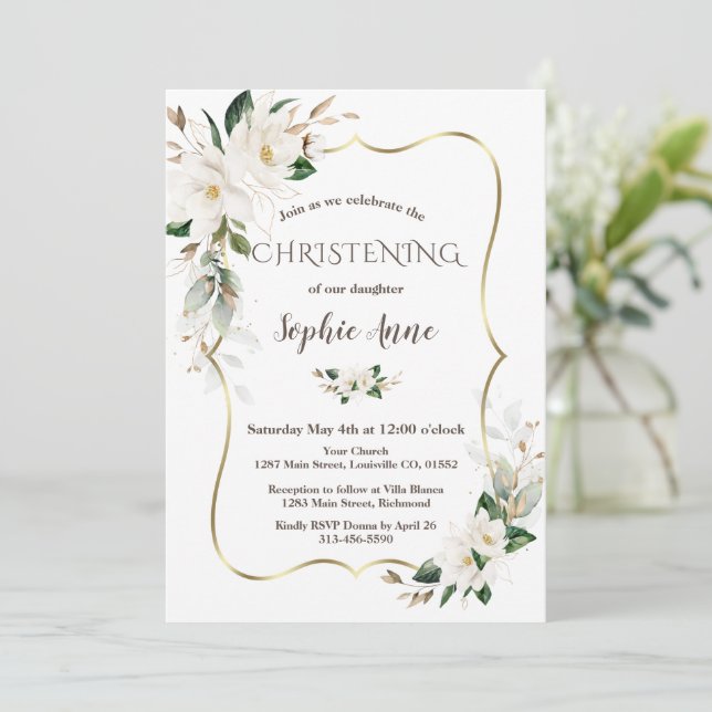  Magnolia Flowers Airy Greenery Gold Christening Invitation (Standing Front)