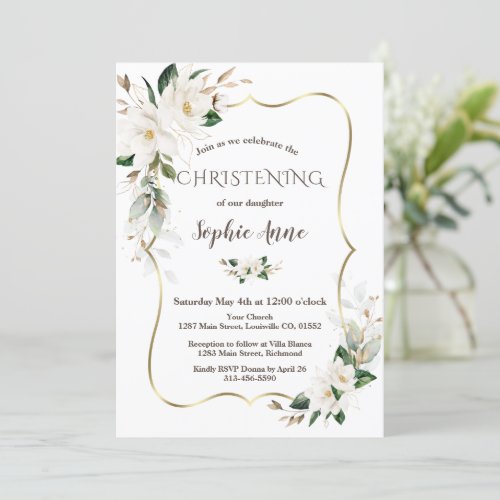  Magnolia Flowers Airy Greenery Gold Christening Invitation