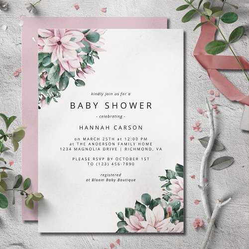 Magnolia Flowers  Dusty Pink Spring Baby Shower Invitation
