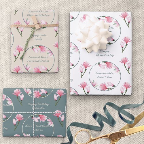 Magnolia Flowers Editable Occasions Set of 3 Wrapping Paper Sheets