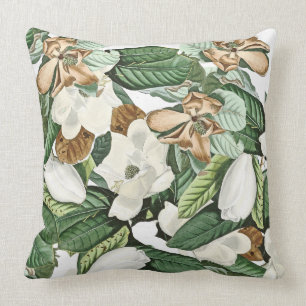 Magnolia Flowers Floral Leaves Throw Pillow
