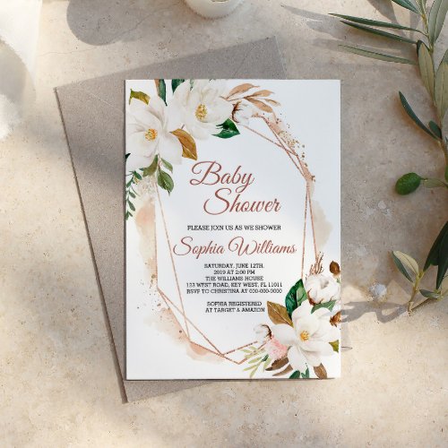 Magnolia Flowers  Gold Baby Shower Invitation