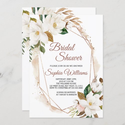 Magnolia Flowers  Gold Frame Bridal Shower Invitation
