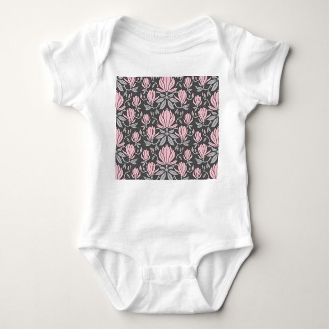 Magnolia flowers, hand-drawn seamless pattern. baby bodysuit (Front)