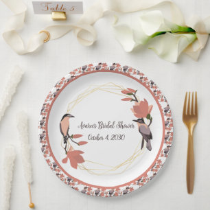 Magnolia Flowers in Coral Bridal Shower Paper Plates