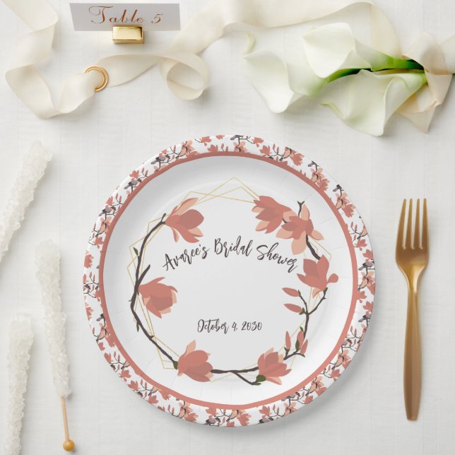 Magnolia Flowers in Coral Bridal Shower Paper Plates (Wedding)
