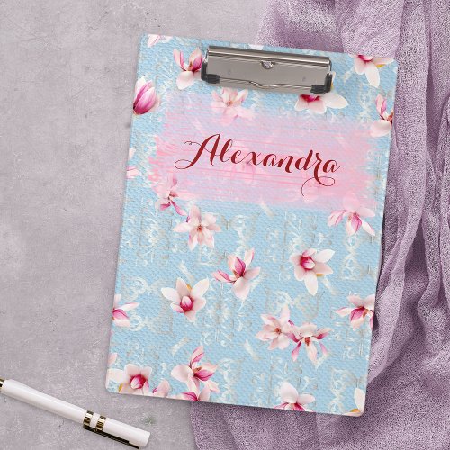 Magnolia Flowers On Soft Blue And Silver Damask  Clipboard