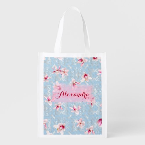 Magnolia Flowers On Soft Blue And Silver Damask Grocery Bag