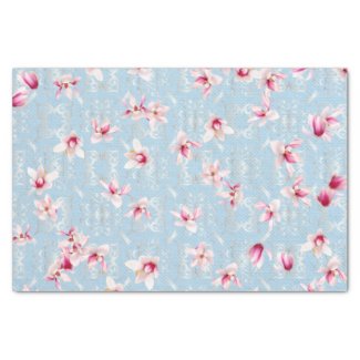 Magnolia Flowers On Soft Blue And Silver Damask  Tissue Paper
