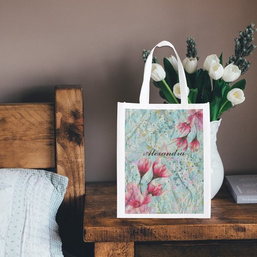 Magnolia Flowers On Vintage Crumpled Paper Custom Grocery Bag