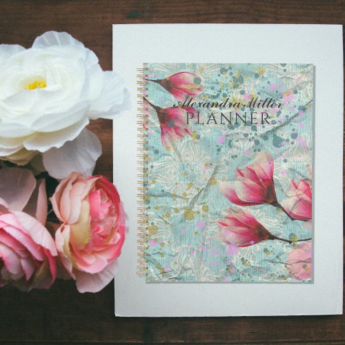 Magnolia Flowers On Vintage Crumpled Paper Custom Planner