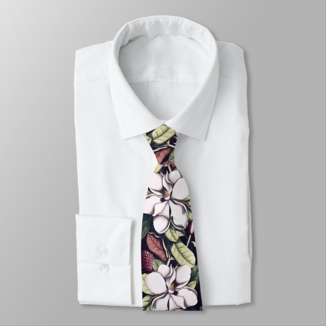 Magnolia Flowers Pattern Neck Tie (Tied)