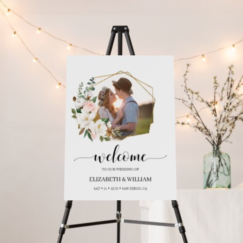 Magnolia Flowers Photo Wedding Welcome Sign