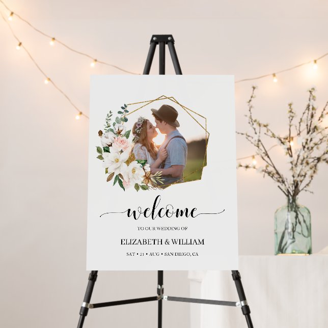 Magnolia Flowers Photo Wedding Welcome Sign (In Situ (Stand))