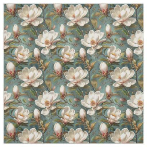 Magnolia Flowers Seamless Pattern on Teal Fabric