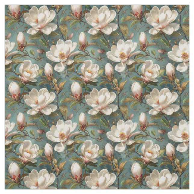 Magnolia Flowers Seamless Pattern on Teal Fabric (Swatch)