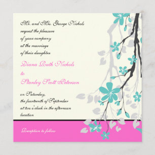 Magnolia flowers turquoise, hot pink wedding invitation