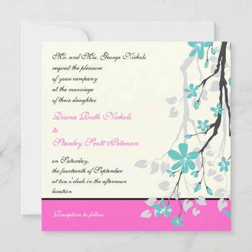 Magnolia flowers turquoise, hot pink wedding custom announcement