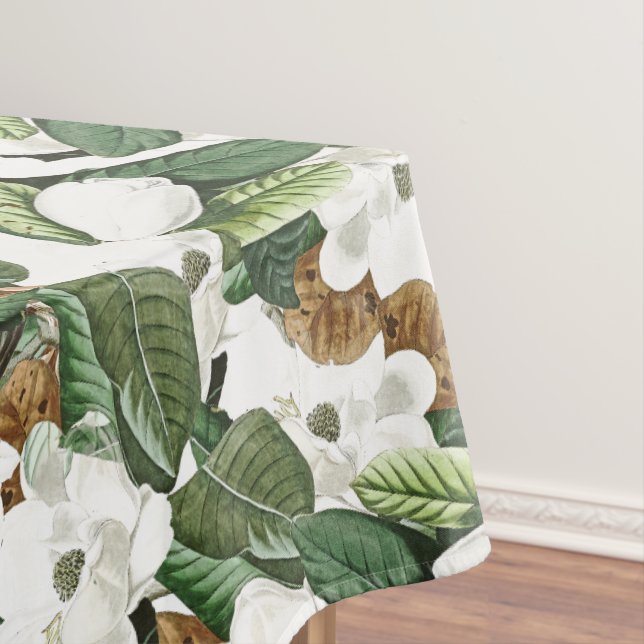 Magnolia Flowers White & Gold Floral Tablecloth (In Situ)