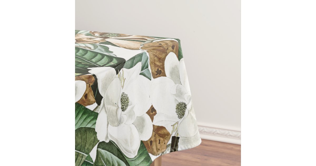 Magnolia Flowers White & Gold Floral Tablecloth Zazzle