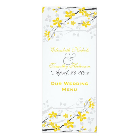 Magnolia flowers yellow, grey wedding Menu card
