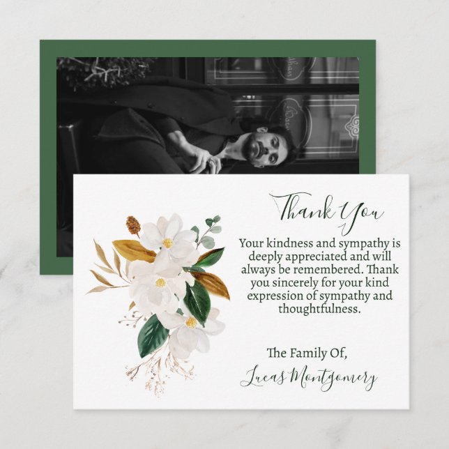 Magnolia Funeral Photo Thank You, Sympathy   Note Card (Front/Back)