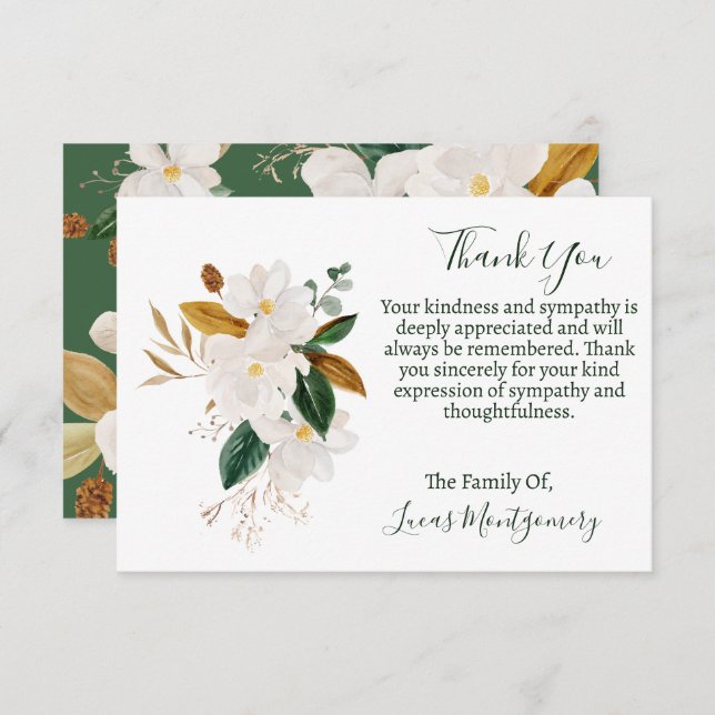 Magnolia Funeral Thank You, Sympathy   Note Card (Front/Back)