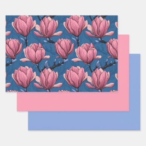 Magnolia garden on blue wrapping paper sheets