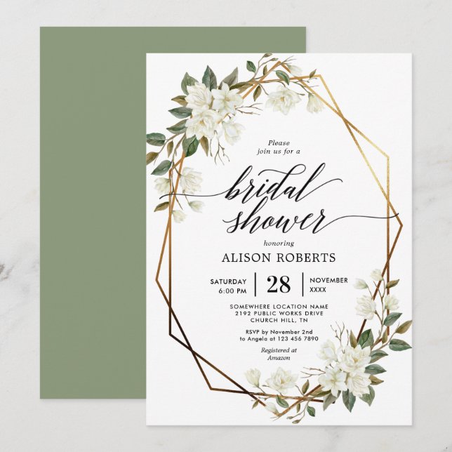 Magnolia geometric frame bridal shower invitation (Front/Back)