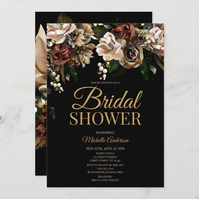 Magnolia Gold and Black Floral Bridal Shower Invitation (Front/Back)