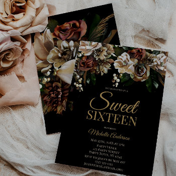 Magnolia Gold And Black Floral Sweet Sixteen Invitation by MaggieMart at Zazzle
