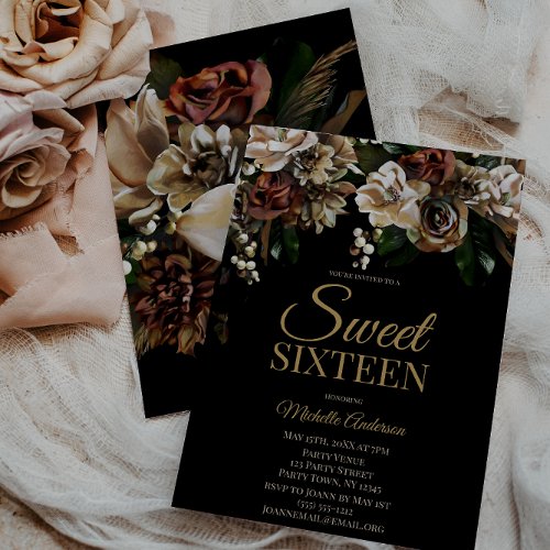 Magnolia Gold and Black Floral Sweet Sixteen Invitation