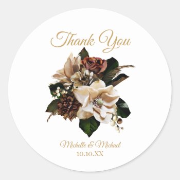 Magnolia Gold And Black Floral Thank You  Classic Round Sticker by MaggieMart at Zazzle