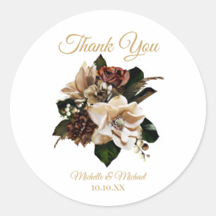 Magnolia Gold and Black Floral Thank You Classic Round Sticker