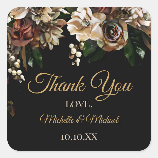 Magnolia Gold and Black Floral Thank You Square Sticker | Zazzle